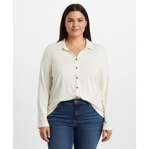 J Jill Tunic Shirt Women XL Ivory White Long Sleeves Button Front Stretch Cotton